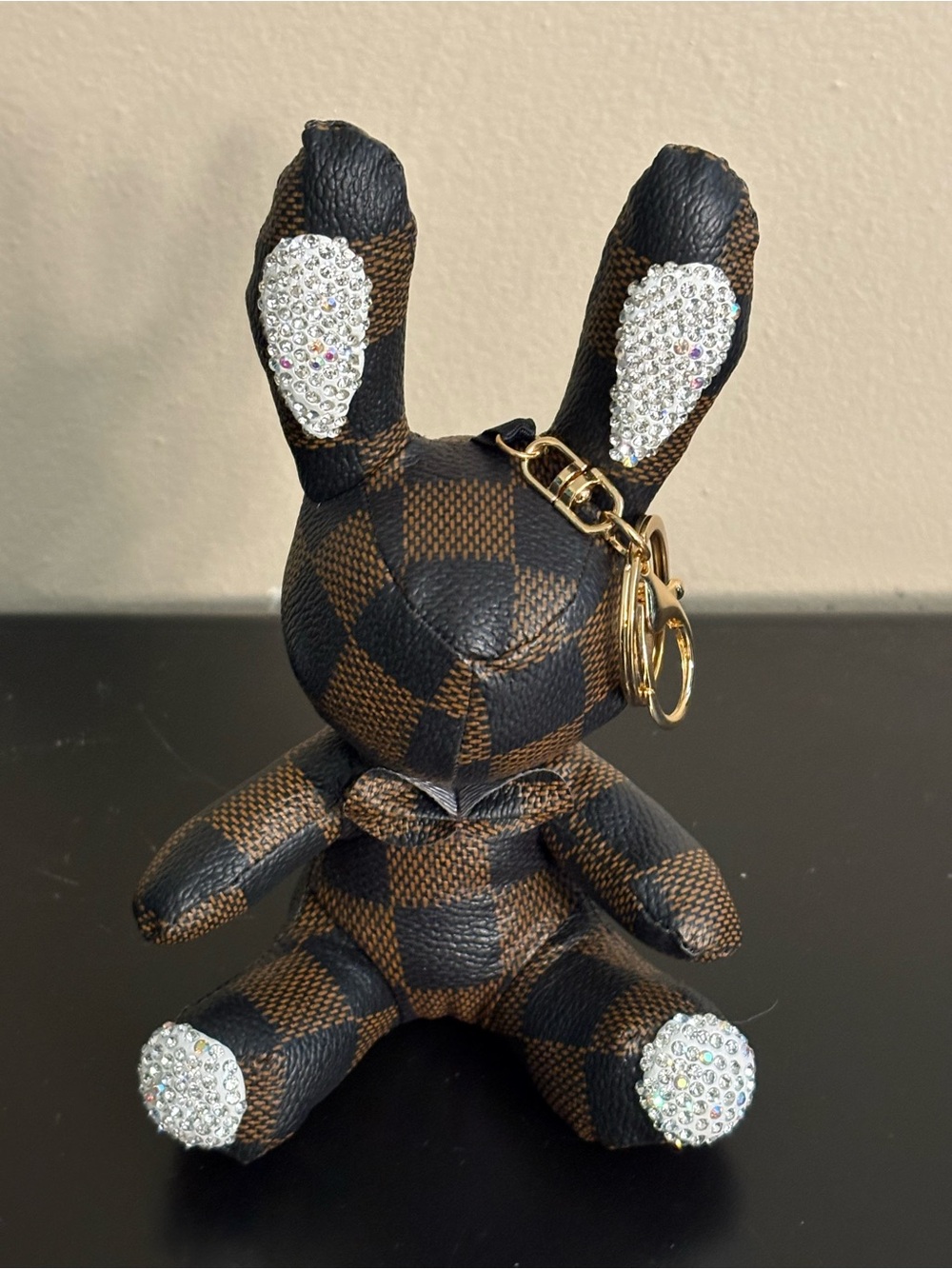 Brown Check Rabbit Bunny Figure Doll Keychain with Crystal Rhinestone Accents